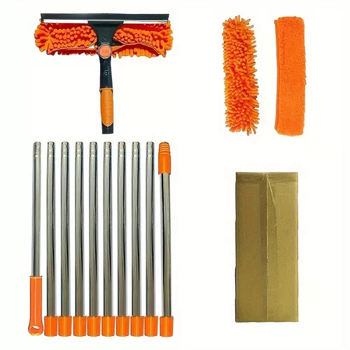 1 Set, 2in 1 Window Cleaning Brush And Scraper Set with Telescopic Pole, Reusable Hardness Brush, High Reach Outdoor And Glass Cleaning Tools, Contains Multiple Parts And Machine Washable Flannel Cloth, Christmas Gift, Halloween Gift, Orange Color