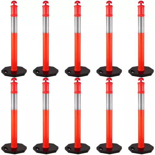 10Pack Traffic Delineator Posts 44 Inch Height, PE Channelizer Cones Post Kit 10 inch Reflective Band, Delineators Post with Rubber Base 16 inch for Construction Sites, Facility Management etc.