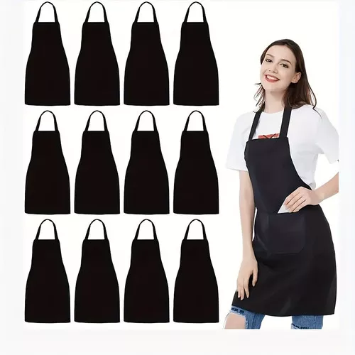 10pcs Black Kitchen Aprons with Pockets - Durable Polyester, Perfect for Cooking & Grilling, Machine Washable - Ideal for Restaurants & Couples