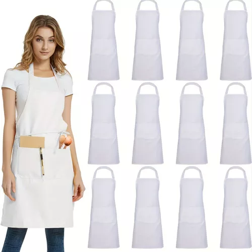 12 Pack Unisex Apron - Adjustable Waterdrop Resistant Apron with 2 Pockets for Chef, BBQ, Drawing - Cooking Kitchen Apron Bulk White 12pcs