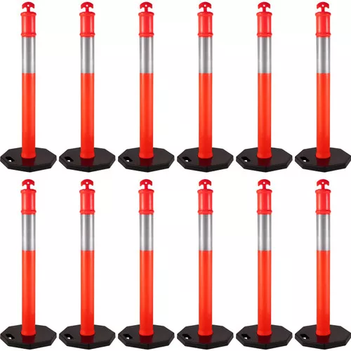 12Pack Traffic Delineator Posts 44 Inch Height, Channelizer Cones Post Kit 10 inch Reflective Band, Delineators Post with Rubber Base 16 inch for Construction Sites, Facility Management etc.