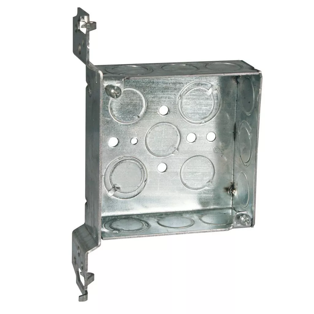 Raco 196 4" Square Box, 1-1/2" Deep, 1/2" & 3/4" Knockouts, Universal Wood/Metal Stud Bracket, Welded