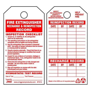 Zing Fire Extinguisher Tag, 5 3-4 in Height, 3 in Width 7016